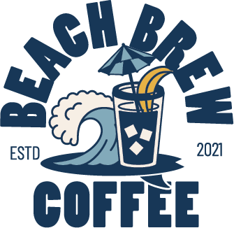 Logo for Beach Brew Coffee with a glass of iced coffee, wave, and umbrella on a teal background.